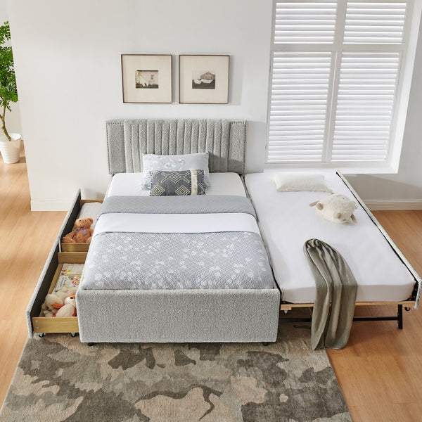 English Elm Full Chenille Upholstered Bed with Channel Tufted Headboard Trundle and Storage Drawers Grey W1413S00208