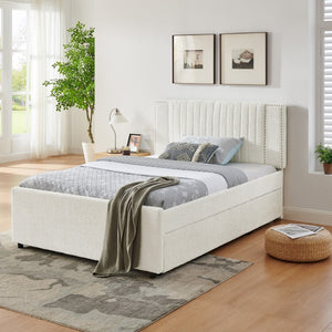 English Elm Full Chenille Upholstered Bed with Channel Tufted Headboard Trundle and Storage Drawers Beige W1413S00209