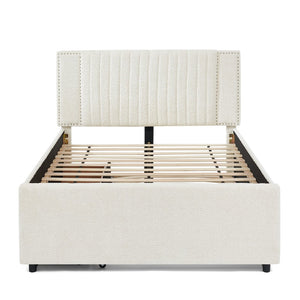 English Elm Full Chenille Upholstered Bed with Channel Tufted Headboard Trundle and Storage Drawers Beige W1413S00209