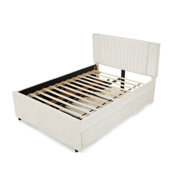 English Elm Full Chenille Upholstered Bed with Channel Tufted Headboard Trundle and Storage Drawers Beige W1413S00209