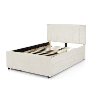 English Elm Full Chenille Upholstered Bed with Channel Tufted Headboard Trundle and Storage Drawers Beige W1413S00209