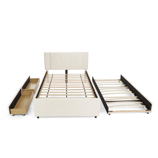 English Elm Full Chenille Upholstered Bed with Channel Tufted Headboard Trundle and Storage Drawers Beige W1413S00209