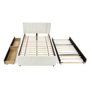 English Elm Full Chenille Upholstered Bed with Channel Tufted Headboard Trundle and Storage Drawers Beige W1413S00209