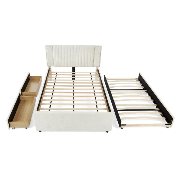 English Elm Full Chenille Upholstered Bed with Channel Tufted Headboard Trundle and Storage Drawers Beige W1413S00209