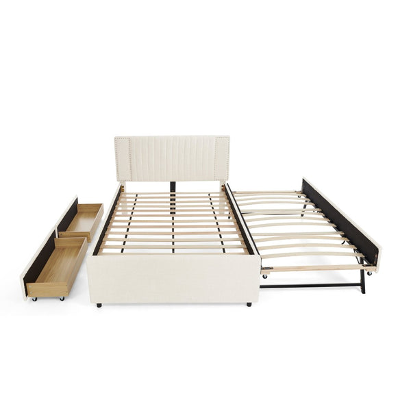 English Elm Full Chenille Upholstered Bed with Channel Tufted Headboard Trundle and Storage Drawers Beige W1413S00209
