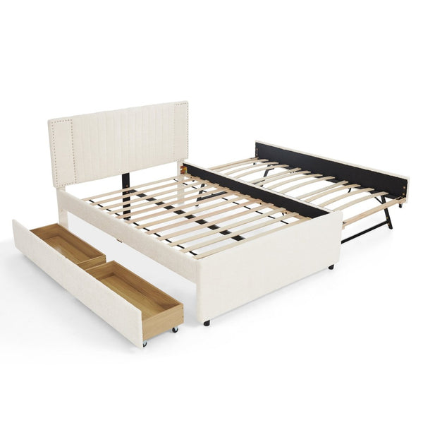 English Elm Full Chenille Upholstered Bed with Channel Tufted Headboard Trundle and Storage Drawers Beige W1413S00209