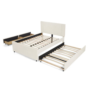 English Elm Full Chenille Upholstered Bed with Channel Tufted Headboard Trundle and Storage Drawers Beige W1413S00209