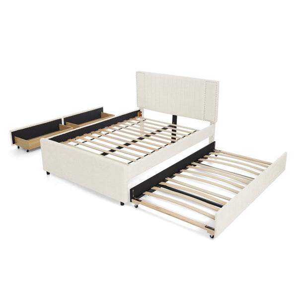 English Elm Full Chenille Upholstered Bed with Channel Tufted Headboard Trundle and Storage Drawers Beige W1413S00209