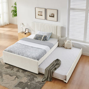 English Elm Full Chenille Upholstered Bed with Channel Tufted Headboard Trundle and Storage Drawers Beige W1413S00209