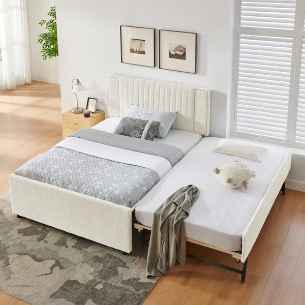 English Elm Full Chenille Upholstered Bed with Channel Tufted Headboard Trundle and Storage Drawers Beige W1413S00209