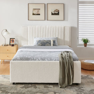 English Elm Full Chenille Upholstered Bed with Channel Tufted Headboard Trundle and Storage Drawers Beige W1413S00209