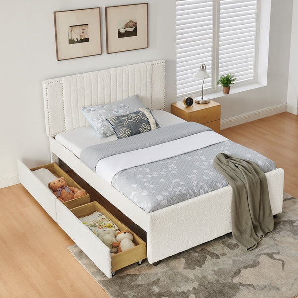 English Elm Full Chenille Upholstered Bed with Channel Tufted Headboard Trundle and Storage Drawers Beige W1413S00209