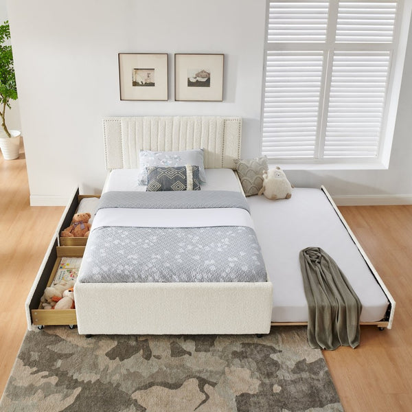 English Elm Full Chenille Upholstered Bed with Channel Tufted Headboard Trundle and Storage Drawers Beige W1413S00209