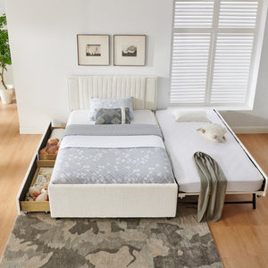 English Elm Full Chenille Upholstered Bed with Channel Tufted Headboard Trundle and Storage Drawers Beige W1413S00209