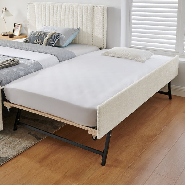 English Elm Full Chenille Upholstered Bed with Channel Tufted Headboard Trundle and Storage Drawers Beige W1413S00209
