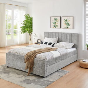 English Elm Queen Chenille Upholstered Storage Bed with Trundle Channel Tufted Headboard Nailhead Detail Grey W1413S00210
