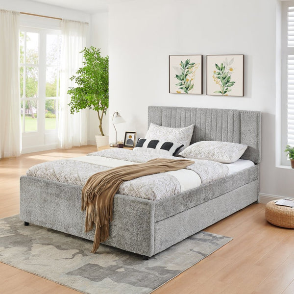 English Elm Queen Chenille Upholstered Storage Bed with Trundle Channel Tufted Headboard Nailhead Detail Grey W1413S00210