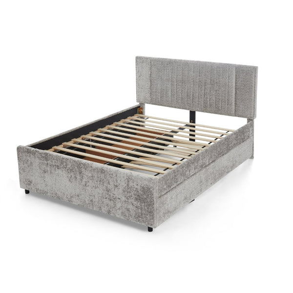 English Elm Queen Chenille Upholstered Storage Bed with Trundle Channel Tufted Headboard Nailhead Detail Grey W1413S00210