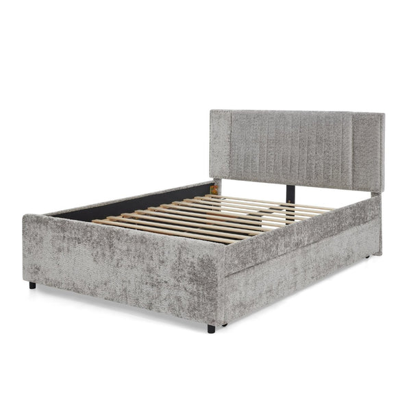 English Elm Queen Chenille Upholstered Storage Bed with Trundle Channel Tufted Headboard Nailhead Detail Grey W1413S00210