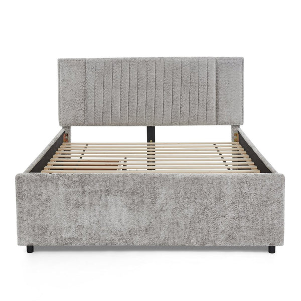 English Elm Queen Chenille Upholstered Storage Bed with Trundle Channel Tufted Headboard Nailhead Detail Grey W1413S00210