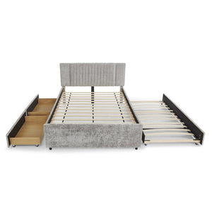 English Elm Queen Chenille Upholstered Storage Bed with Trundle Channel Tufted Headboard Nailhead Detail Grey W1413S00210