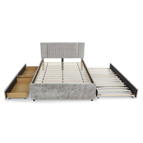English Elm Queen Chenille Upholstered Storage Bed with Trundle Channel Tufted Headboard Nailhead Detail Grey W1413S00210