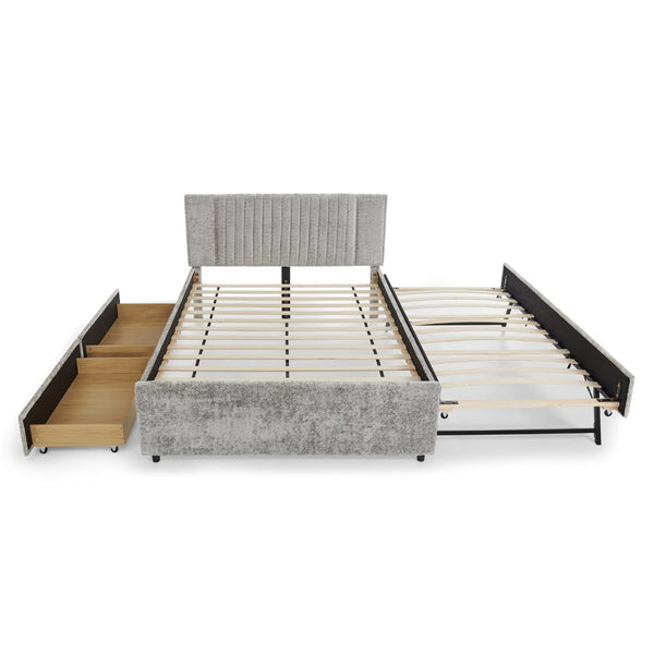 English Elm Queen Chenille Upholstered Storage Bed with Trundle Channel Tufted Headboard Nailhead Detail Grey W1413S00210