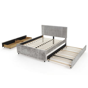 English Elm Queen Chenille Upholstered Storage Bed with Trundle Channel Tufted Headboard Nailhead Detail Grey W1413S00210