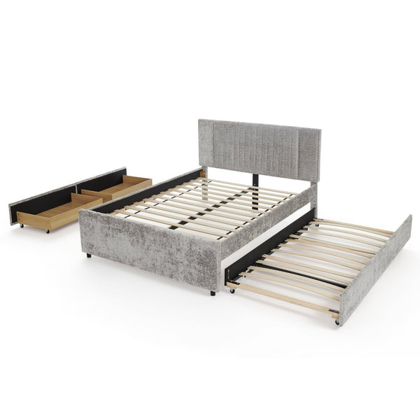 English Elm Queen Chenille Upholstered Storage Bed with Trundle Channel Tufted Headboard Nailhead Detail Grey W1413S00210