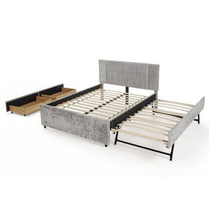 English Elm Queen Chenille Upholstered Storage Bed with Trundle Channel Tufted Headboard Nailhead Detail Grey W1413S00210
