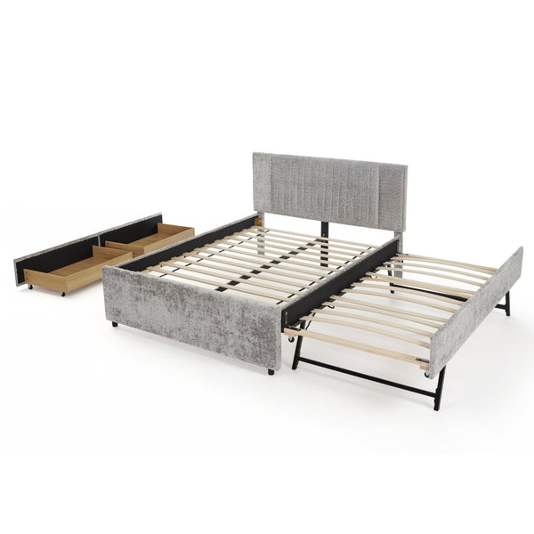 English Elm Queen Chenille Upholstered Storage Bed with Trundle Channel Tufted Headboard Nailhead Detail Grey W1413S00210