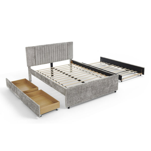 English Elm Queen Chenille Upholstered Storage Bed with Trundle Channel Tufted Headboard Nailhead Detail Grey W1413S00210