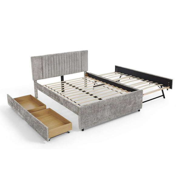 English Elm Queen Chenille Upholstered Storage Bed with Trundle Channel Tufted Headboard Nailhead Detail Grey W1413S00210