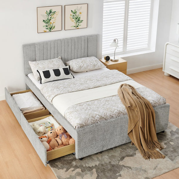 English Elm Queen Chenille Upholstered Storage Bed with Trundle Channel Tufted Headboard Nailhead Detail Grey W1413S00210
