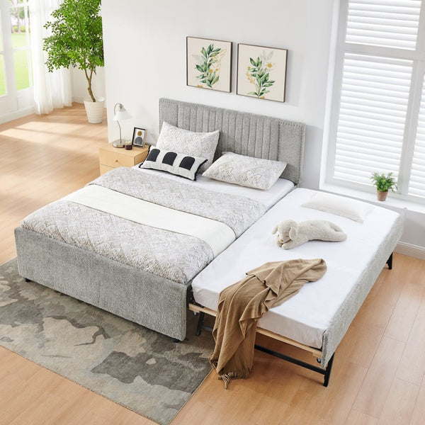 English Elm Queen Chenille Upholstered Storage Bed with Trundle Channel Tufted Headboard Nailhead Detail Grey W1413S00210