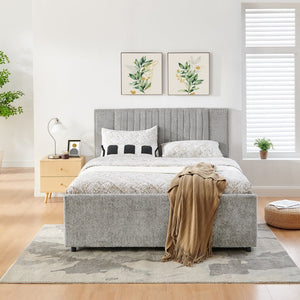 English Elm Queen Chenille Upholstered Storage Bed with Trundle Channel Tufted Headboard Nailhead Detail Grey W1413S00210