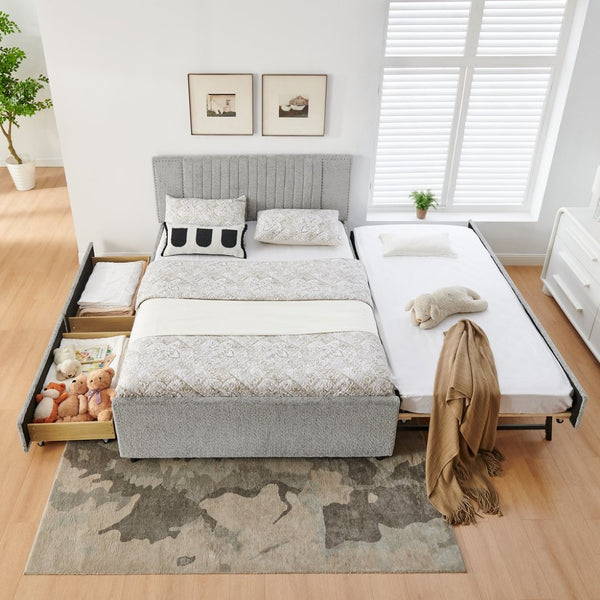 English Elm Queen Chenille Upholstered Storage Bed with Trundle Channel Tufted Headboard Nailhead Detail Grey W1413S00210