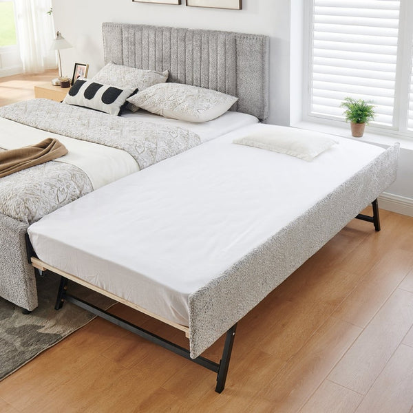 English Elm Queen Chenille Upholstered Storage Bed with Trundle Channel Tufted Headboard Nailhead Detail Grey W1413S00210