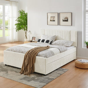 English Elm Queen Chenille Upholstered Storage Bed with Trundle Channel Tufted Headboard Nailhead Detail Beige W1413S00211