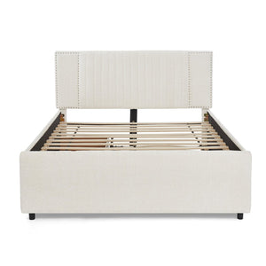 English Elm Queen Chenille Upholstered Storage Bed with Trundle Channel Tufted Headboard Nailhead Detail Beige W1413S00211