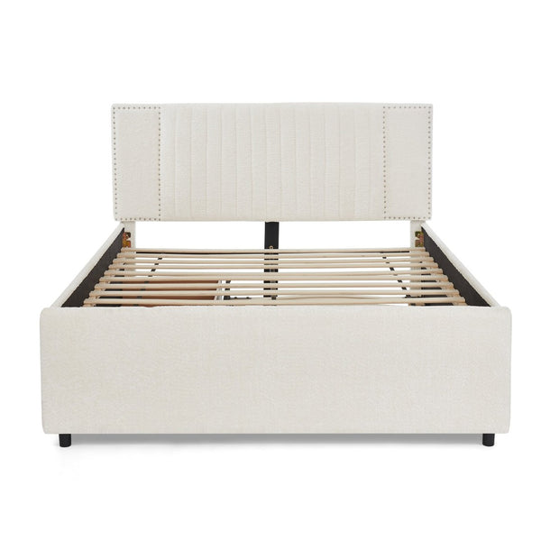 English Elm Queen Chenille Upholstered Storage Bed with Trundle Channel Tufted Headboard Nailhead Detail Beige W1413S00211