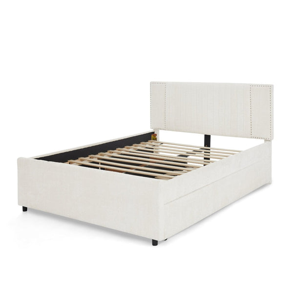 English Elm Queen Chenille Upholstered Storage Bed with Trundle Channel Tufted Headboard Nailhead Detail Beige W1413S00211