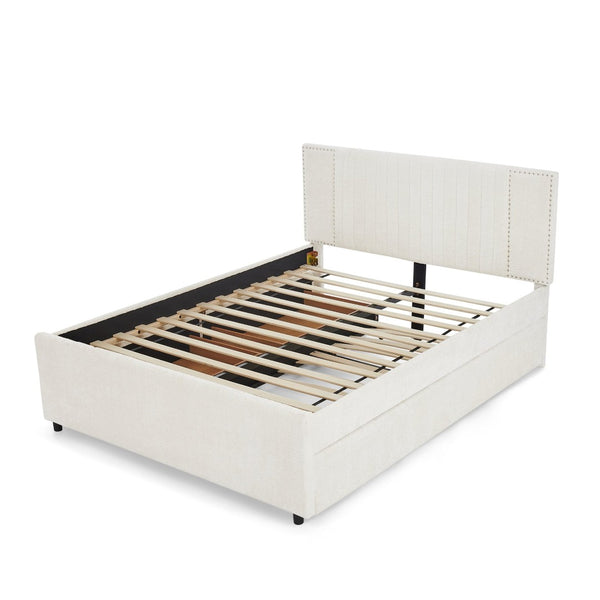 English Elm Queen Chenille Upholstered Storage Bed with Trundle Channel Tufted Headboard Nailhead Detail Beige W1413S00211