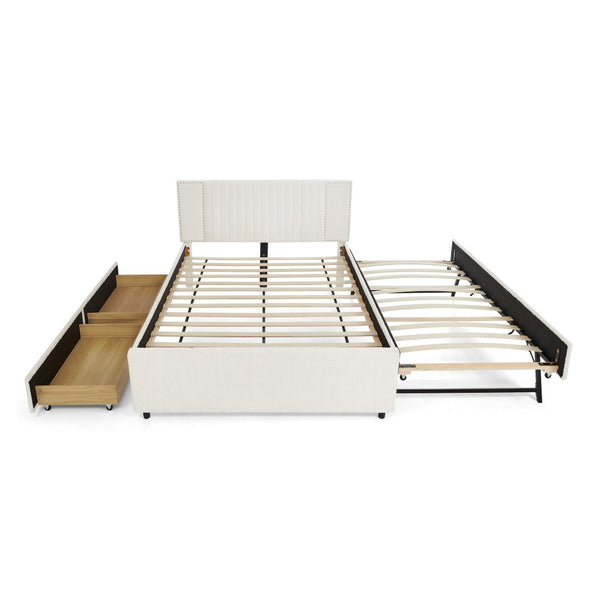 English Elm Queen Chenille Upholstered Storage Bed with Trundle Channel Tufted Headboard Nailhead Detail Beige W1413S00211