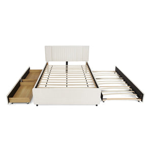 English Elm Queen Chenille Upholstered Storage Bed with Trundle Channel Tufted Headboard Nailhead Detail Beige W1413S00211