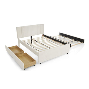 English Elm Queen Chenille Upholstered Storage Bed with Trundle Channel Tufted Headboard Nailhead Detail Beige W1413S00211