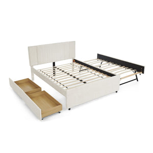 English Elm Queen Chenille Upholstered Storage Bed with Trundle Channel Tufted Headboard Nailhead Detail Beige W1413S00211