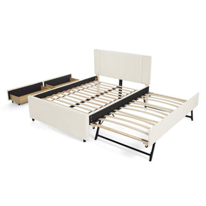 English Elm Queen Chenille Upholstered Storage Bed with Trundle Channel Tufted Headboard Nailhead Detail Beige W1413S00211