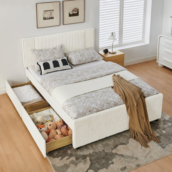 English Elm Queen Chenille Upholstered Storage Bed with Trundle Channel Tufted Headboard Nailhead Detail Beige W1413S00211