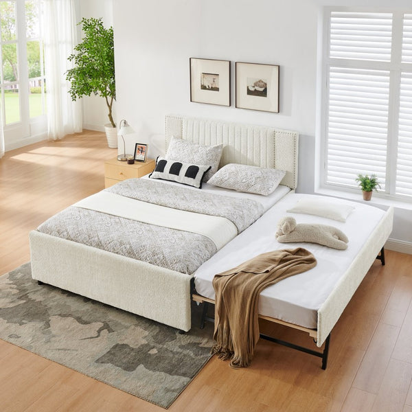 English Elm Queen Chenille Upholstered Storage Bed with Trundle Channel Tufted Headboard Nailhead Detail Beige W1413S00211